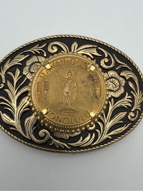 Antique Gold-Tone Hawaiian Coin Belt Buckle